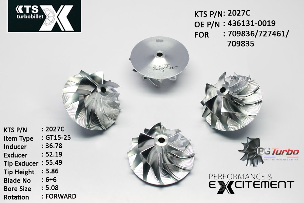 Turbo ROUE FORGÉE MFS PERFORMANCE - 6+6 PALES - INDUCER : 36,78 - EXDUCER : 52,19 - TYPE : GT15-25ANGLE : 60° - ROTATION : Forward - SUPER BACK : 2,39 - BORE SIZE : 5,08
